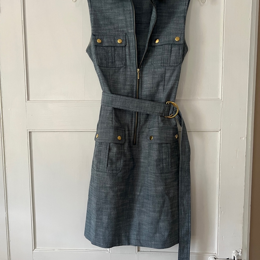 Sleeveless Denim-Style Belted Shift Dress in Charcoal